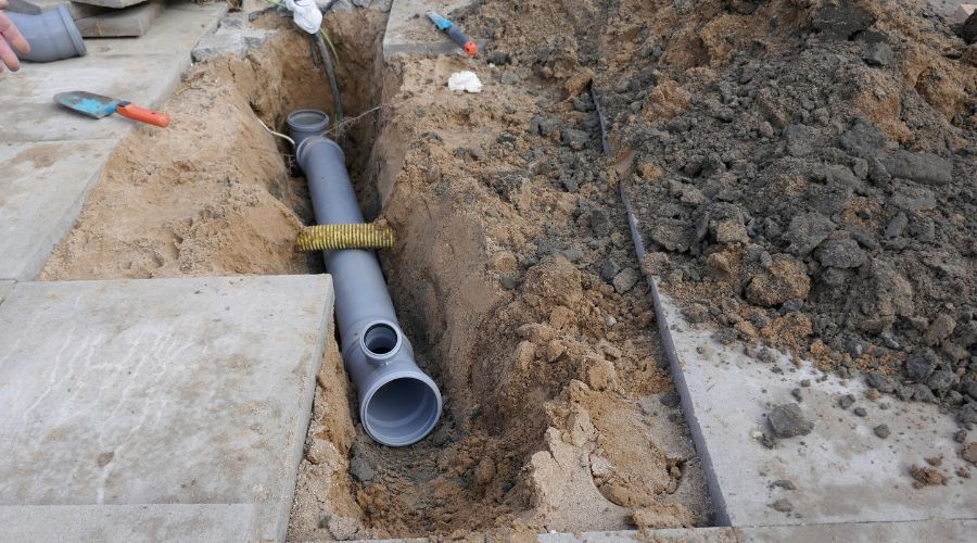 Excavation site with a grey drainage pipe and tools for plumbing installation by Super Plumbers in Tyler, TX.